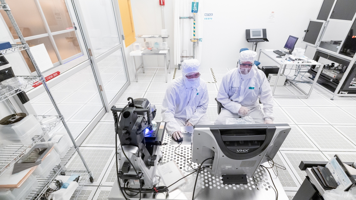 Researchers work inside the clean room area at the MacroTechnology Works facility in the ASU Research Park in Tempe, Arizona. Photo by Deanna Dent/Arizona State University