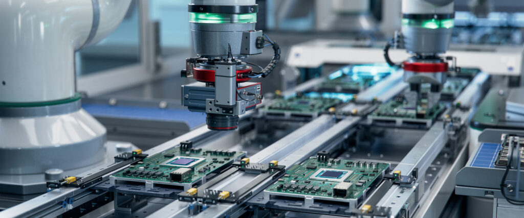 Close up of microchip manufacturing process.